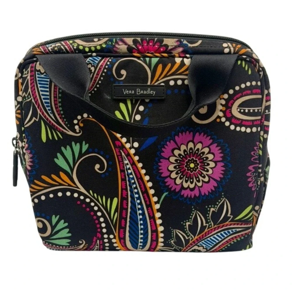 Vera Bradley Black Paisley Floral Insulated Lunch Bag Tote Zip Closure ID Window